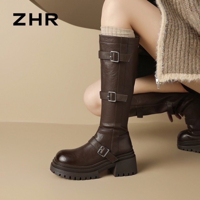 13796929.【ZHR则则】长筒靴[短绒]圆头后拉链搭扣中跟女鞋[PU]
