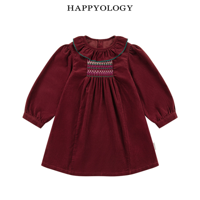 11847613.happyology儿童司马克绣花女童荷叶边翻领长袖连衣裙灯芯绒连身裙