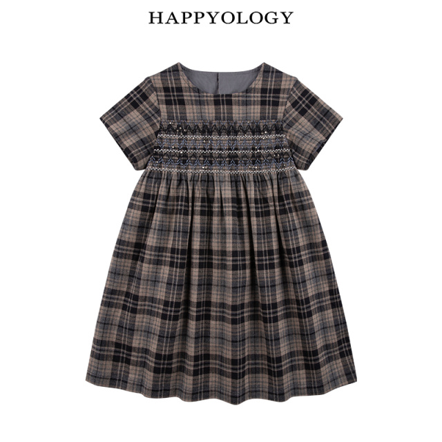 11847587.happyology英国儿童圆领撞色刺绣女童休闲英伦风司马克工艺连衣裙