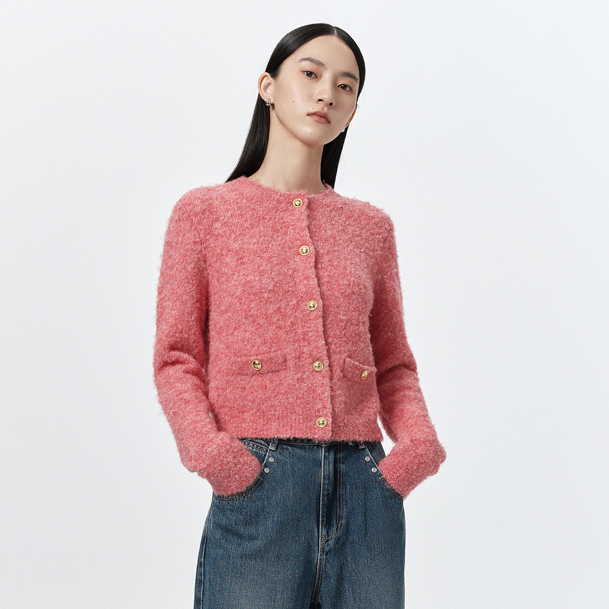 11478009.【商场同款】春季新款温柔香风西柚红肌理圈圈纱女士针织衫