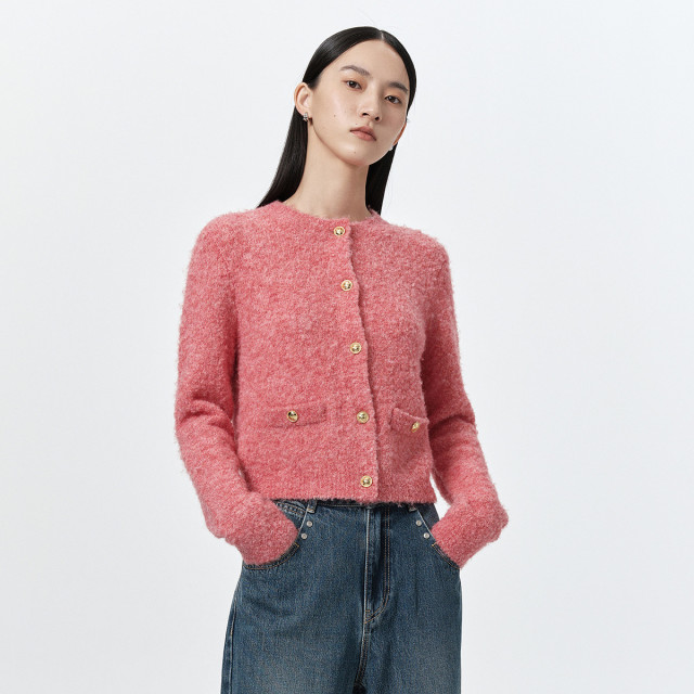 11478009.【商场同款】春季新款温柔香风西柚红肌理圈圈纱女士针织衫
