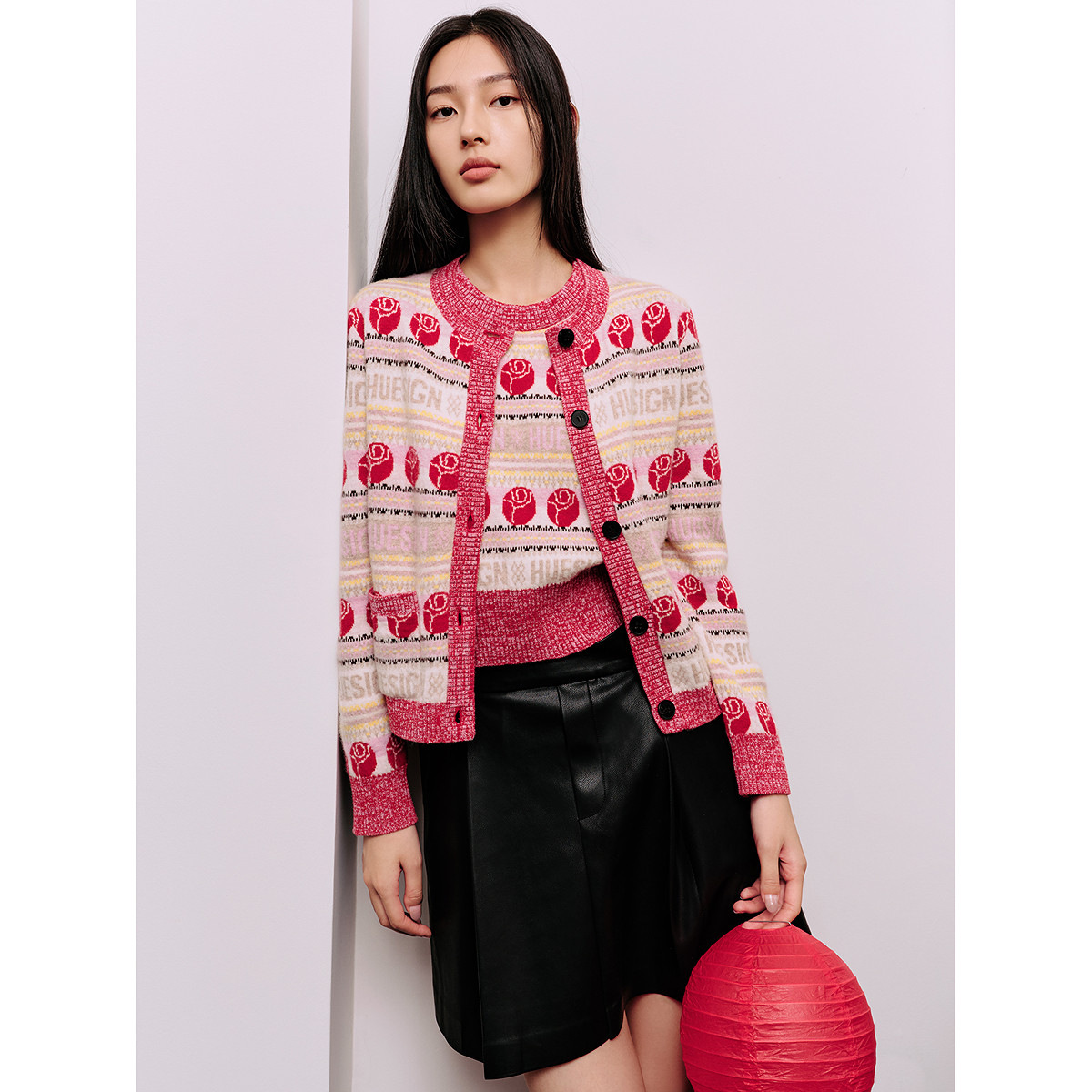 11477493.【商场同款】春季新款甜美玫瑰花开千禧红撞色女士针织开衫