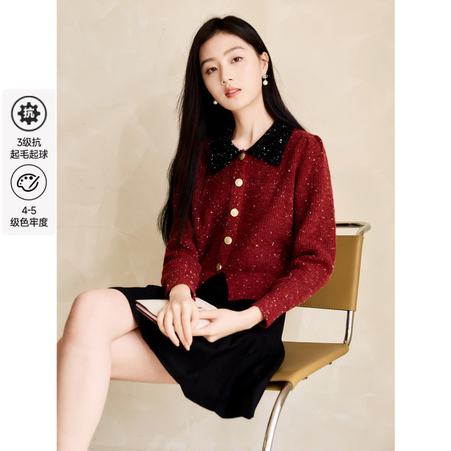 11484179.针织开衫女撞色翻领小个子短款毛衣外套