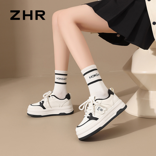 12735050.【ZHR则则】厚底小白鞋[短绒]圆头系带厚底女鞋[PU]