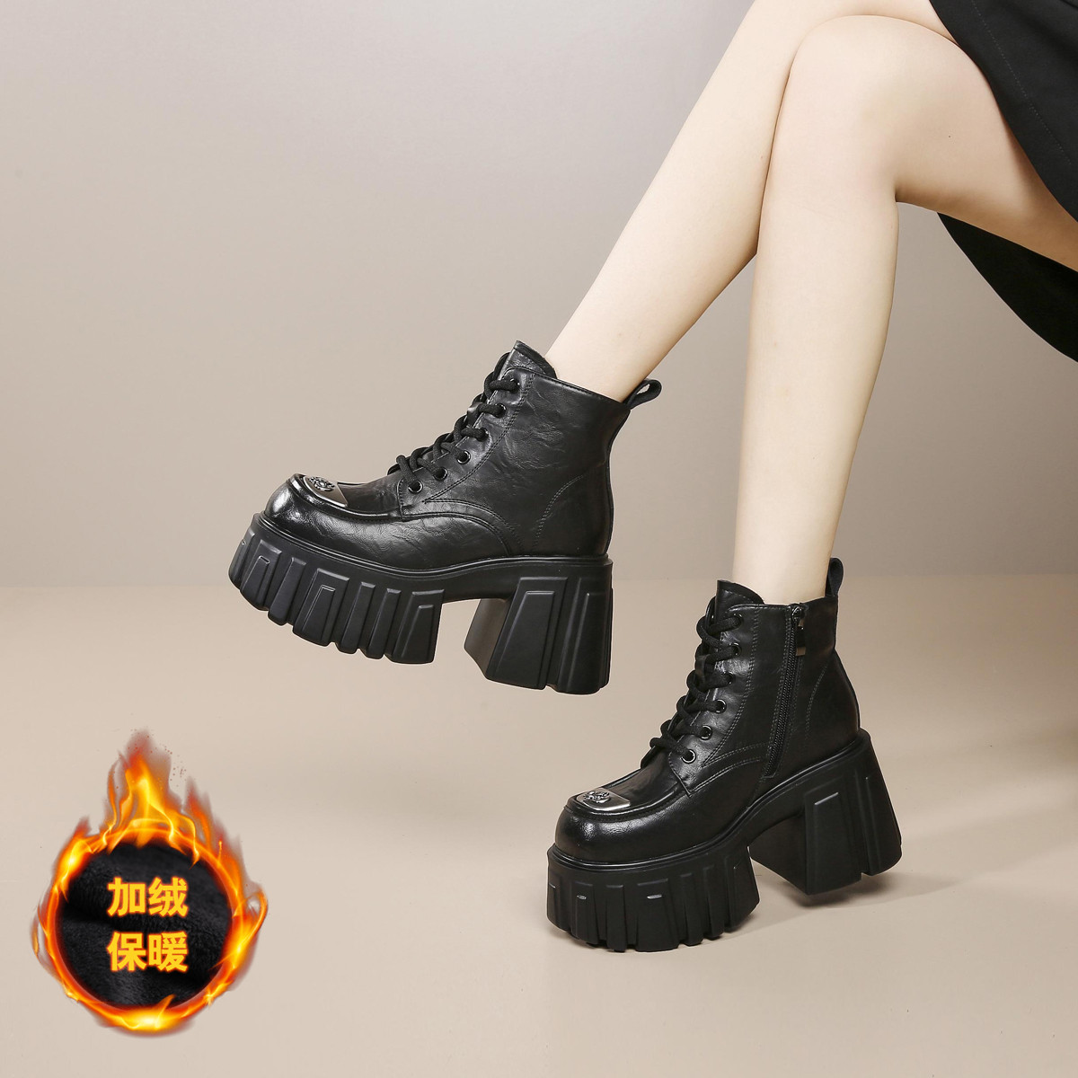 11485478.【增高9CM】加绒马丁靴女2024年冬季新款短靴百搭厚底短靴