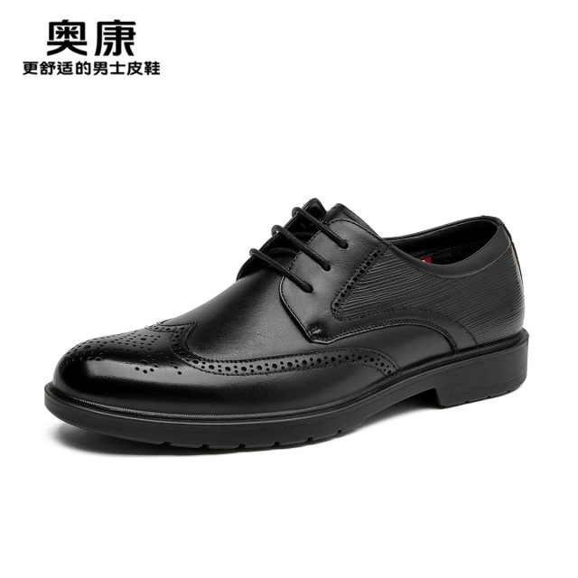 11505317.奥康男鞋冬季新款布洛克真皮商务正装皮鞋加绒保暖舒适棉皮鞋