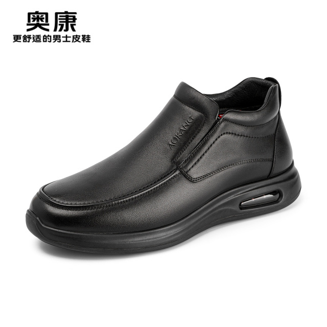 11504681.奥康男棉鞋冬季新款加绒保暖休闲皮鞋真皮气垫中老年爸爸鞋高帮鞋