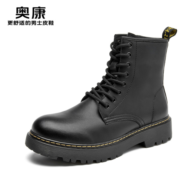 11504638.奥康男鞋冬季新款休闲户外马丁靴加绒保暖黑色舒适厚底靴子男款皮靴