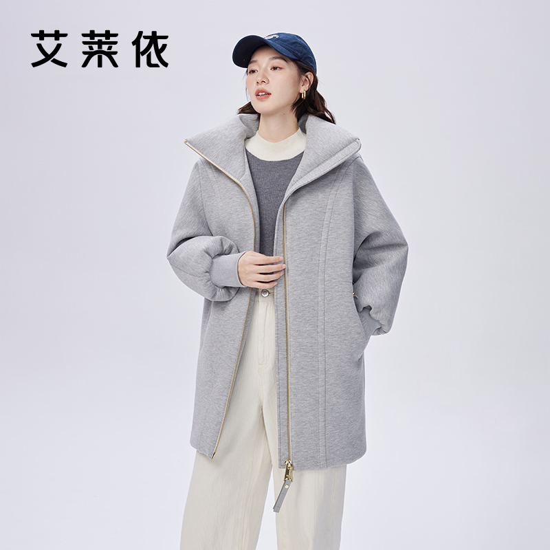 11512048.艾莱依卫衣式羽绒服女冬季随性简约中长款鸭绒立领外套潮
