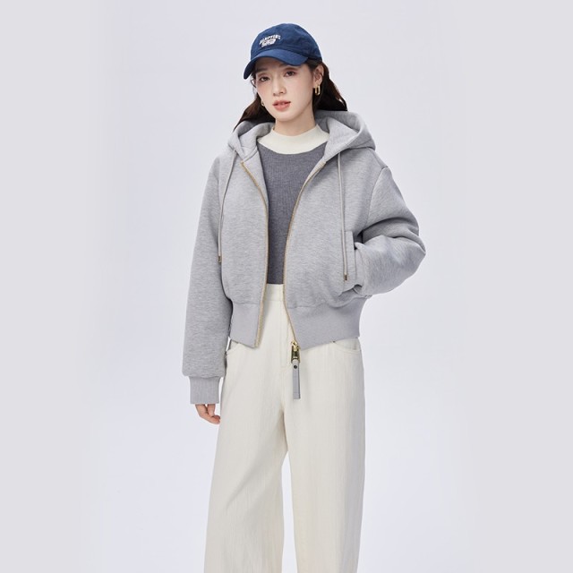 11512078.艾莱依卫衣式羽绒服女冬季短款时尚休闲鸭绒连帽韩版外套