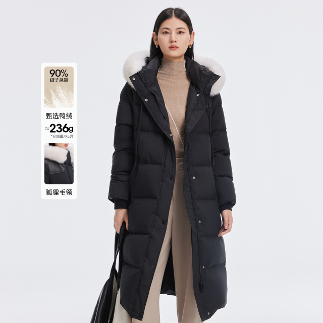 11519455.艾莱依时尚御寒狐狸毛领羽绒服女长款高充加厚鸭绒服外套女