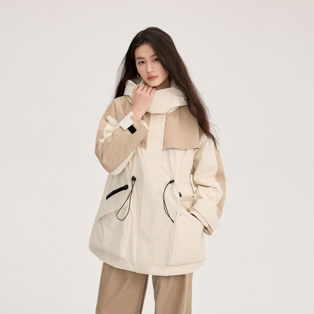11519164.艾莱依拼接撞色羽绒服夹克户外登山工装外套抽绳连帽运动