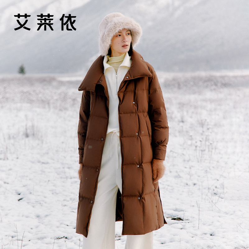 11519452.艾莱依秋冬气质收腰过膝长款羽绒服女加厚高充翻领鸭绒