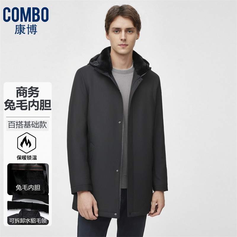12148414.爸爸装【水貂毛领+兔毛皮内胆】冬季商务连帽中长款尼克服男