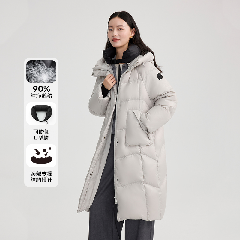 11519125.艾莱依羽绒服长款大衣休闲运动可脱卸u型枕设计感保暖