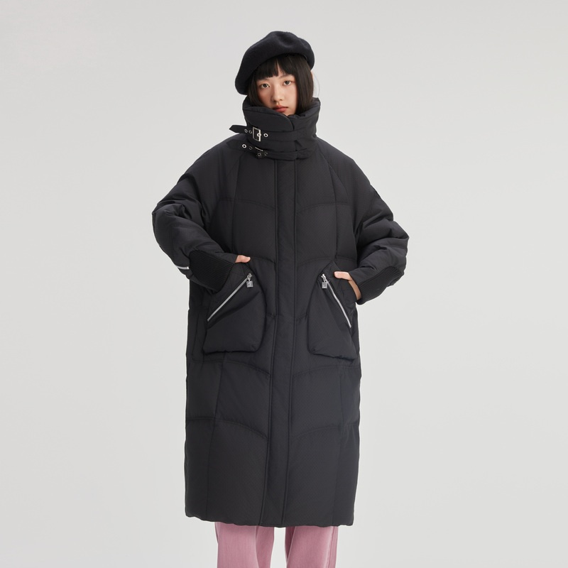 11519170.艾莱依长款羽绒服金属装饰时尚造型加长大衣风衣防风保暖
