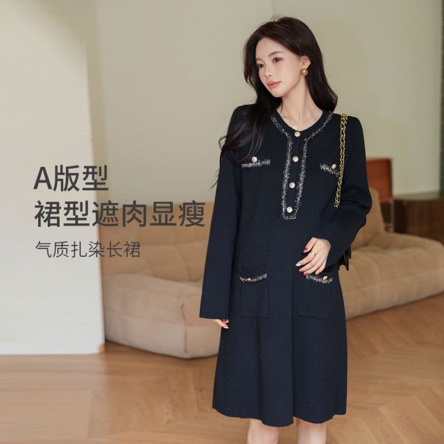 12999206.十月名裳孕妇装春秋季连衣裙外穿针织圆领小香风裙子时尚气质孕妇裙长袖春装