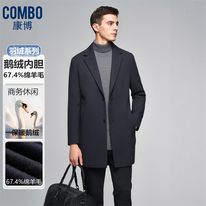 12148430.【脱卸鹅绒内胆】秋冬商务插袋基础中长宽松版羊毛羽绒大衣男
