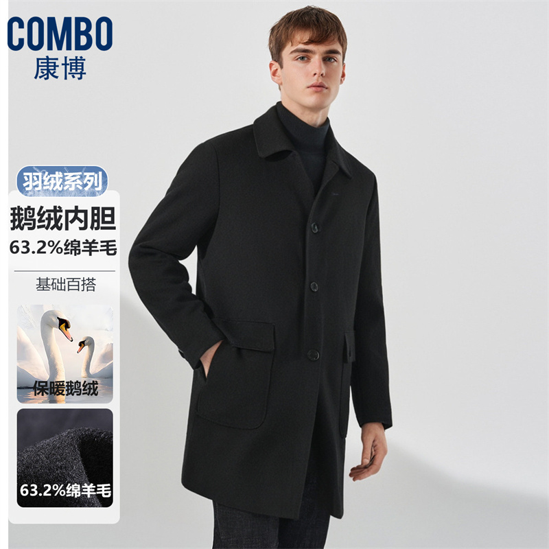 12148433.【脱卸鹅绒内胆】秋冬商务休闲贴袋翻领中长宽松版羊毛外羽绒大衣