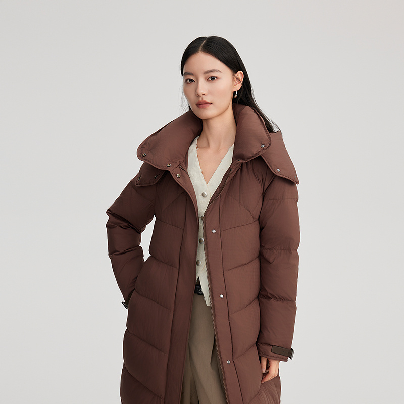 11519165.艾莱依时尚皮袢扣装饰长款羽绒服女保暖脱卸帽加厚鸭绒服女