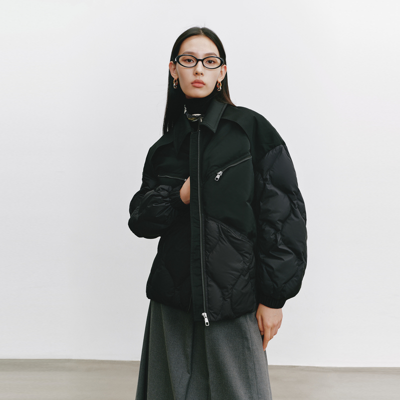 11519121.【致感系列】艾莱依摩登高奢拼接衬衫羽绒服女短款鸭绒服