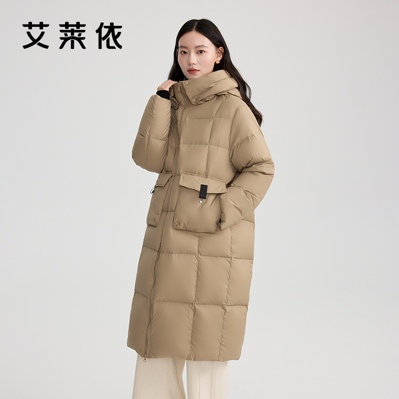 11519127.艾莱依加厚高充泡芙羽绒服女长款秋冬御寒连帽休闲鸭绒外套