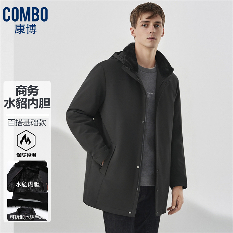 12148420.爸爸装【水貂毛领+水貂毛皮内胆】冬季商务连帽中长款尼克服男