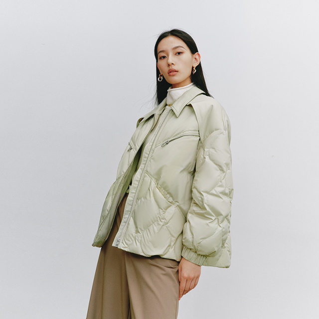 11519121.【致感系列】艾莱依摩登高奢拼接衬衫羽绒服女短款鸭绒服