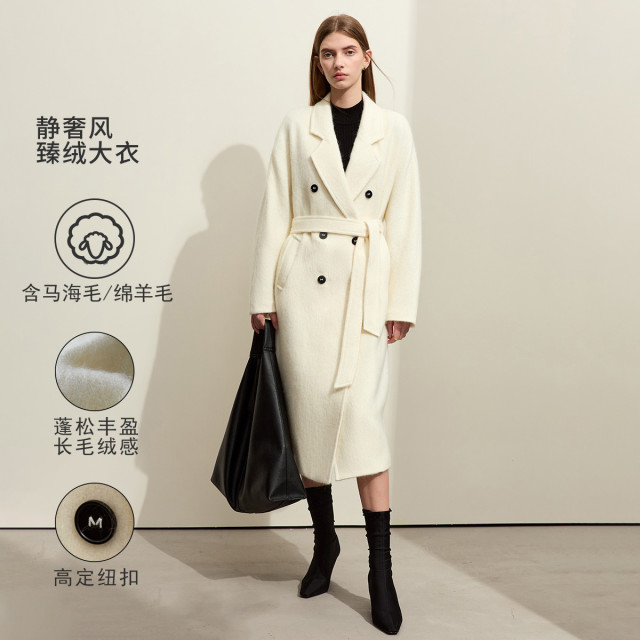 11542650.【商场同款】秋翻驳领绵羊毛马海双排扣毛呢女配腰带长款大衣外套