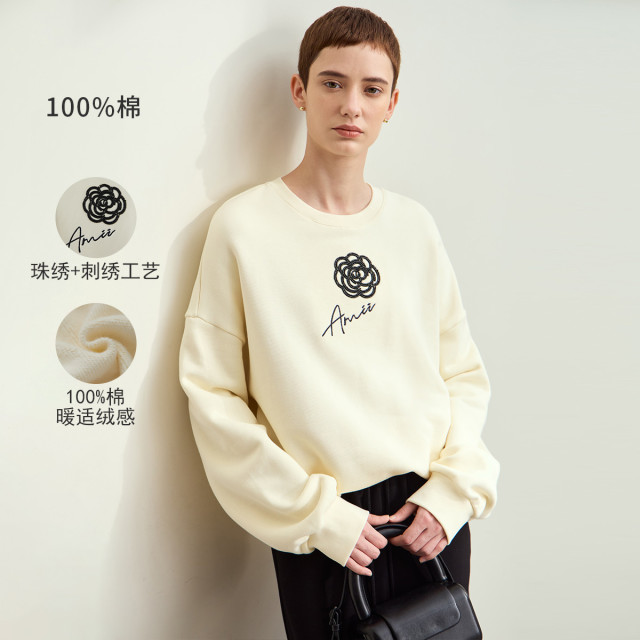 11542752.秋冬新款圆领珠绣玫瑰英文刺绣全棉拉绒卫衣女落肩袖上衣
