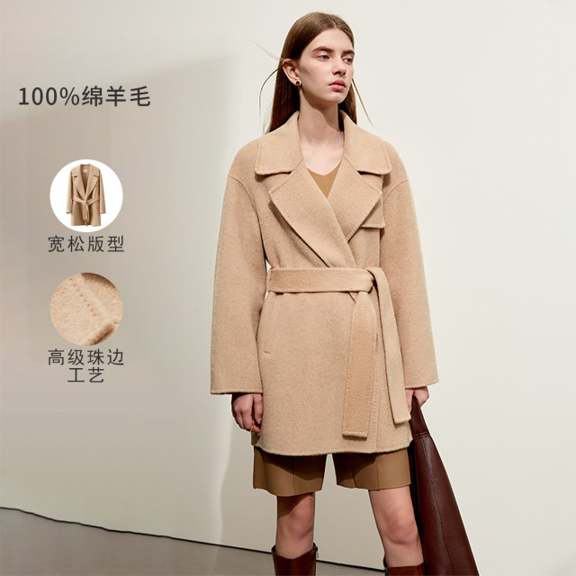 11542660.【商场同款】冬季西装领配腰带全羊毛双面呢女一手长毛呢外套