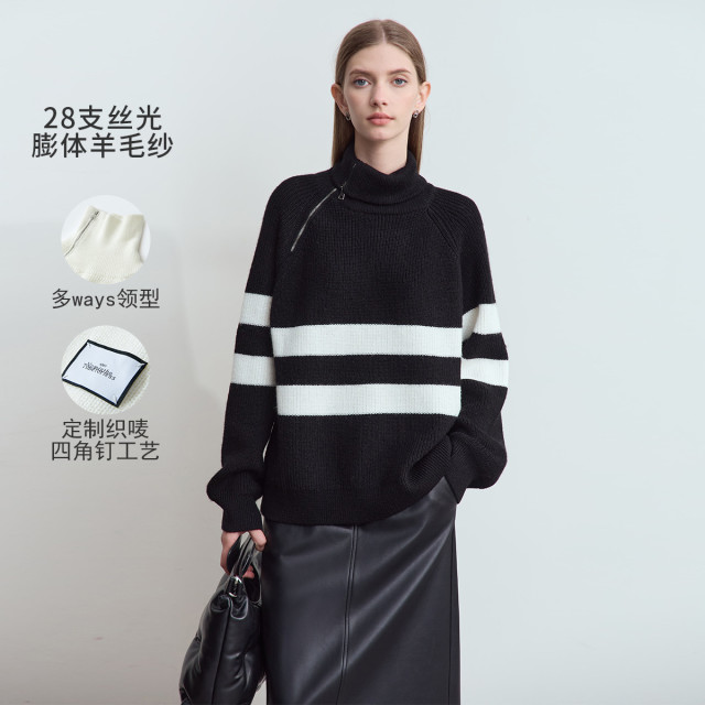 11542760.新款休闲翻领拉链斜开襟撞色条纹毛衣女字母布标上衣
