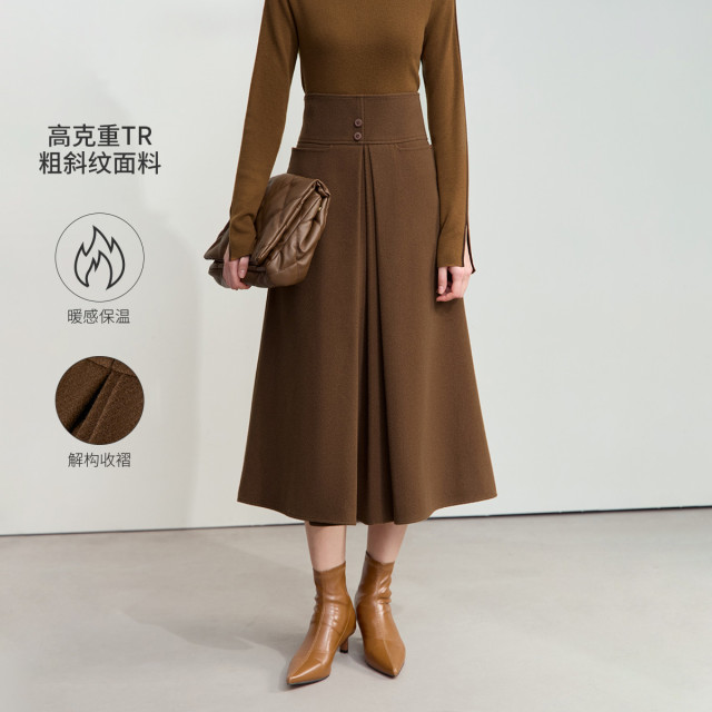 11542614.24冬季新款优雅通勤超高腰收褶半身裙女暖感保温宽松A字裙子