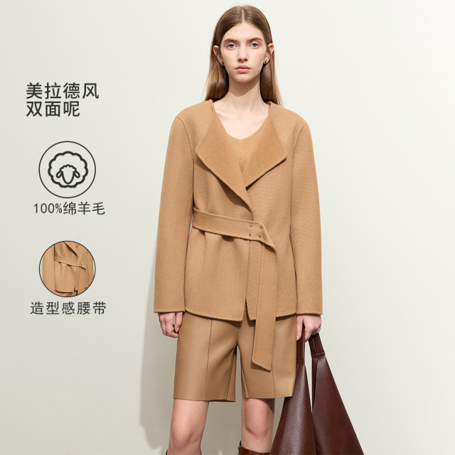 11542619.【商场同款】冬季100%绵羊毛翻领斜纹双面呢腰带不对称外套