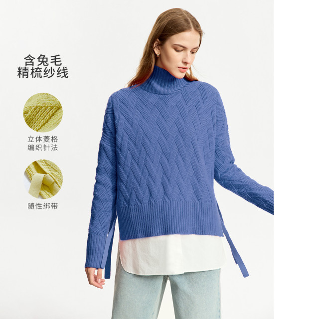 11542898.24冬季极简高领麻花毛衣女宽松精梳毛织套头前短后长上装