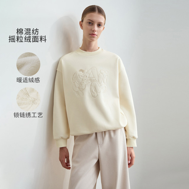 11542860.24冬季新款圆领飞天仕女图刺绣锁链绣加绒卫衣女落肩袖上衣