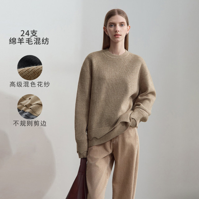 11542603.新款圆领不规则边双层袖口下摆毛衣女宽松落肩袖上衣