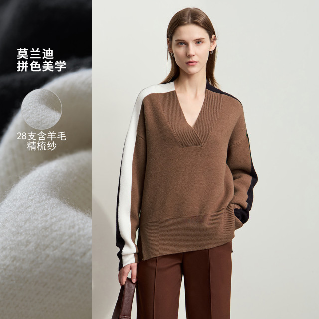 11542625.24冬季新款通勤撞色拼接V领落肩袖毛衣女芝麻底提花宽松上衣