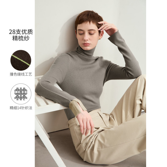 11543517.24秋冬新款高领不对称撞色拼接修身显瘦毛衣女开叉袖口上衣