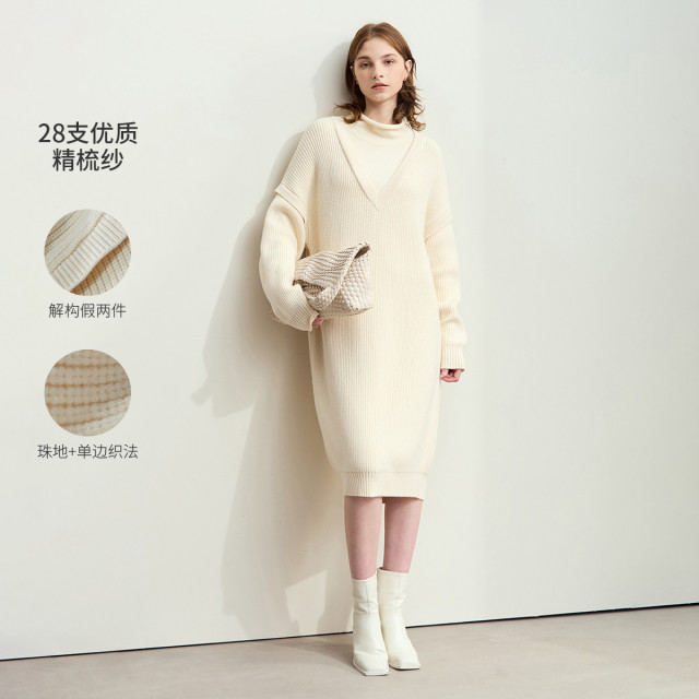 11542655.新款通勤半高领假两件拼接连衣裙女宽松茧型针织裙子