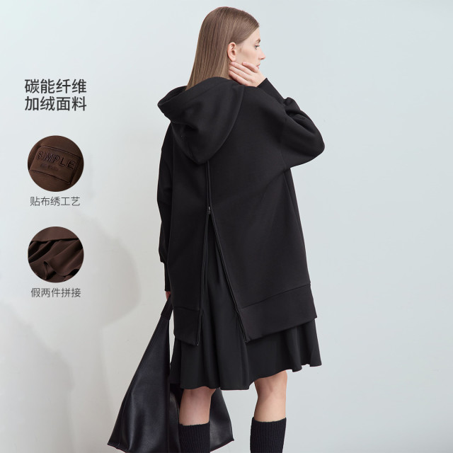 11542881.24冬季新款连帽假两件拼接拉链装饰连衣裙女字母刺绣卫衣裙子