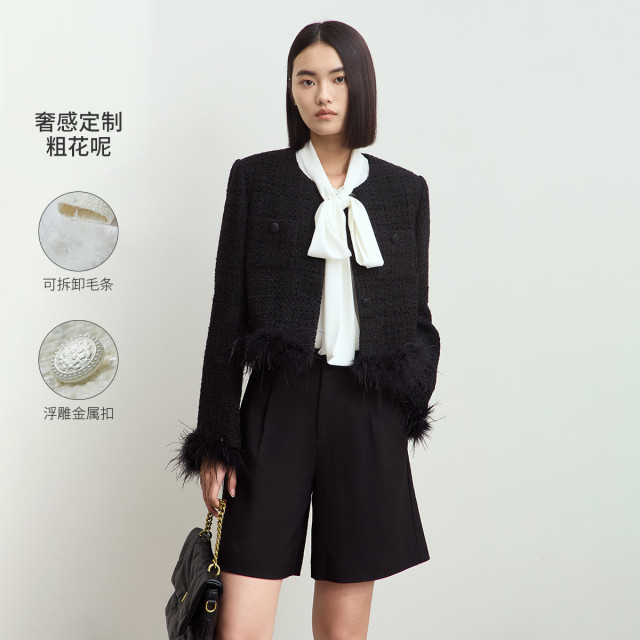 11542728.24冬季新款优雅香风圆领短款粗花呢毛呢外套女可拆卸毛条上衣