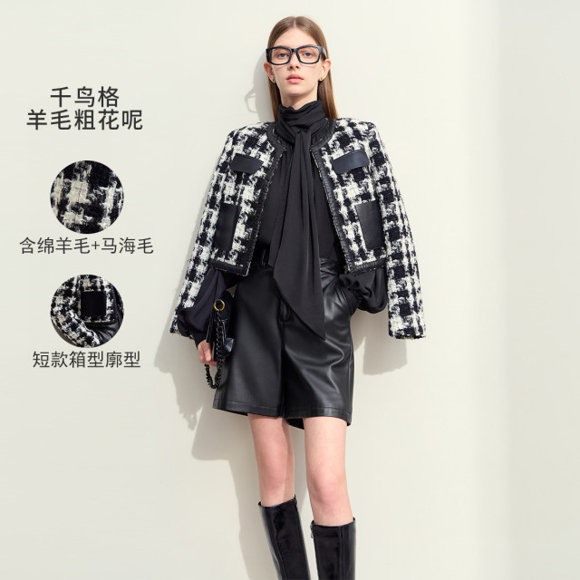 11542742.新款香风圆领拼PU皮千鸟格毛呢外套女宽松短款上衣