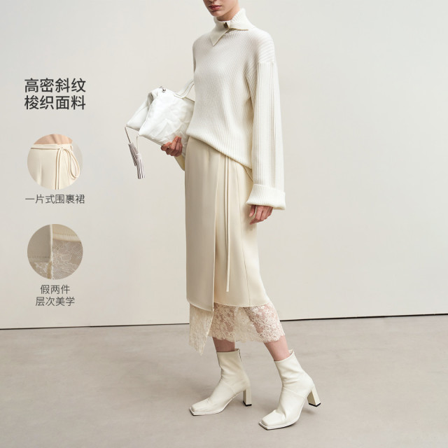 11542785.秋季新款优雅通勤拼蕾丝绑带半身裙女一片式围裹式裙子