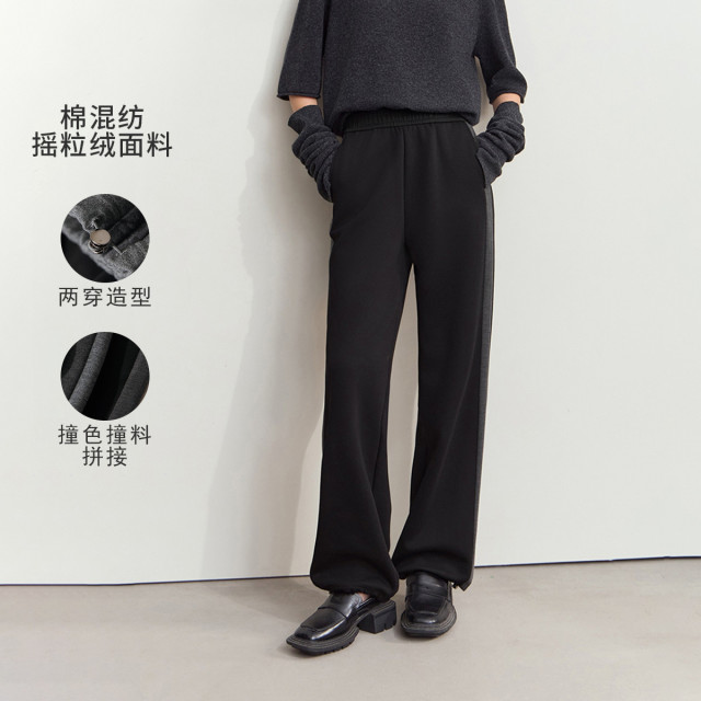 11542809.新款橡筋腰头撞色拼接加绒休闲裤长裤女宽松两穿裤子
