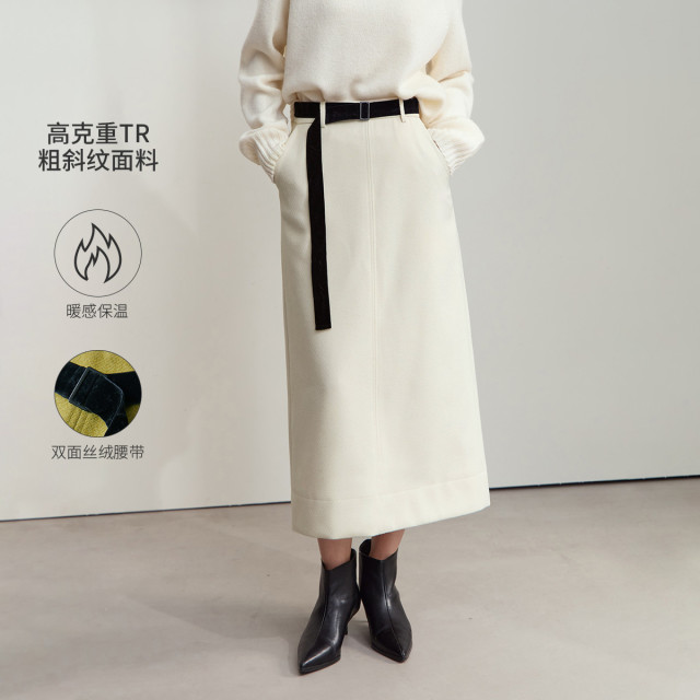11542778.新款优雅通勤配腰带开叉直筒裙半身裙女暖感保温裙子