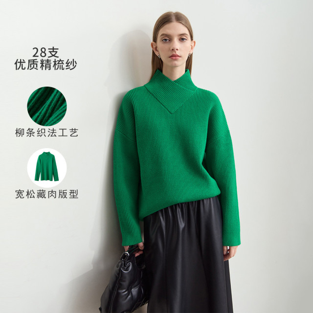 11542859.新款通勤温暖交叠高领落肩袖毛衣女慵懒风宽松藏肉上衣