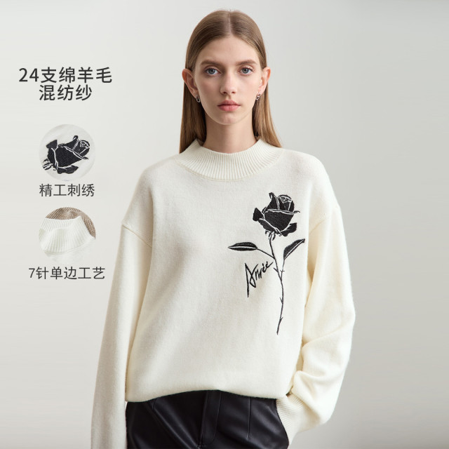 11542755.24冬季新款半高领艺术感字母玫瑰刺绣落肩袖毛衣女宽松上衣