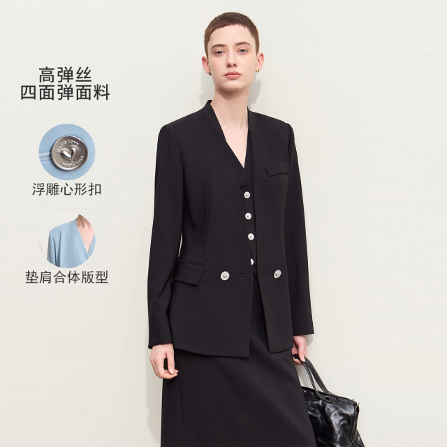 11543447.早秋新款高级通勤风V领心形扣垫肩西装女西服职业装上衣