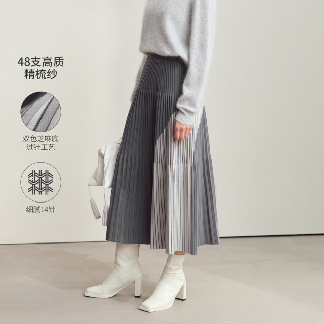 11543468.24冬季新款撞色拼接百褶裙半身裙女橡筋腰头芝麻底针织裙子